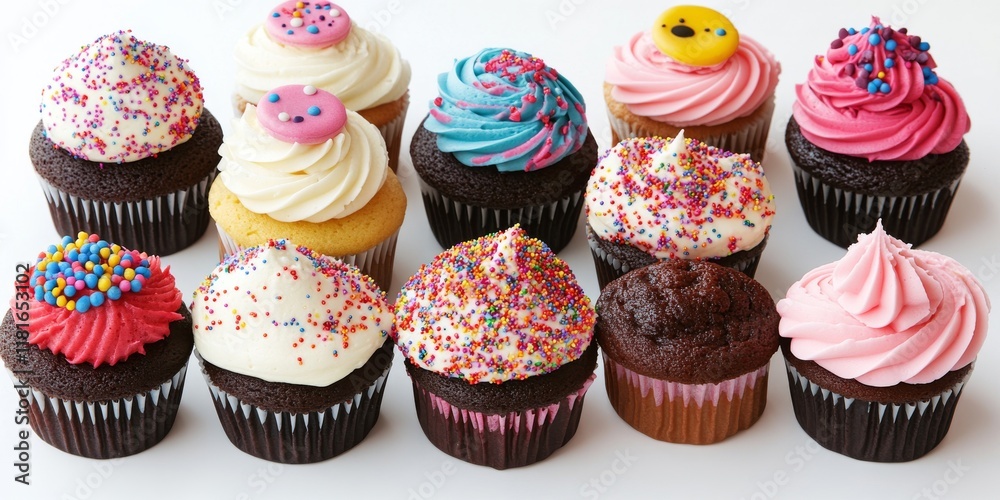 Poster delectable birthday cupcakes arranged on a white background, featuring an array of vibrant colors an