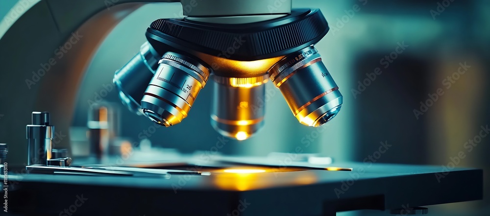 Poster Closeup of Advanced Illuminated Microscope Lens in Modern Laboratory Setting : Generative AI