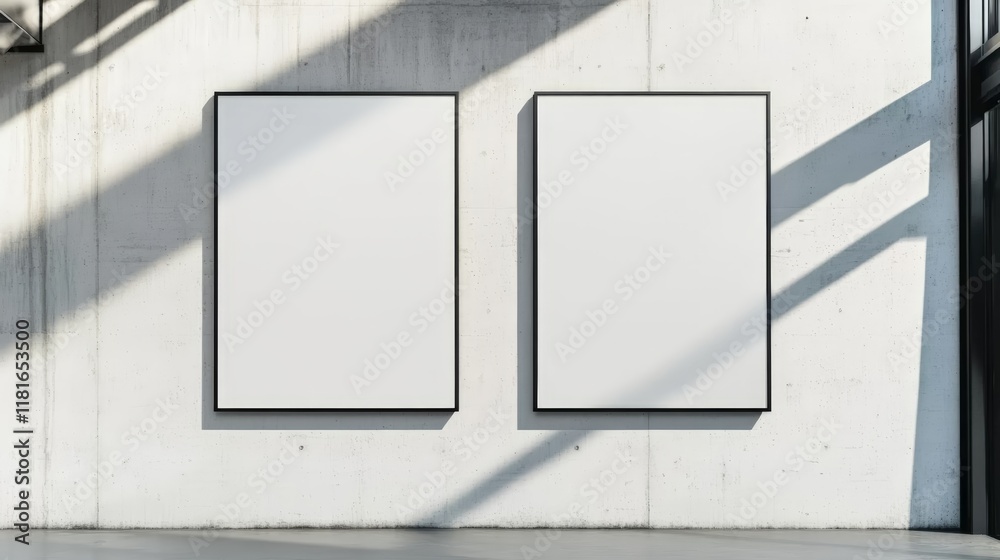 Poster two blank vertical mockup banners are hanging on a concrete wall in a modern room with window light 