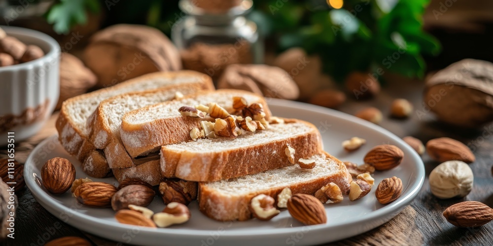 Poster Freshly sliced bread adorned with a variety of nuts elegantly arranged on a plate, showcasing the delightful combination of sliced bread and crunchy nuts for a tempting snack.