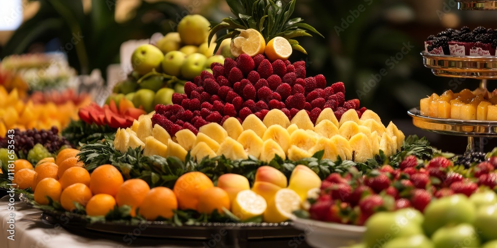 Poster Assorted fruits displayed at a dessert buffet create a vibrant and inviting atmosphere, showcasing a variety of fruits that tantalize the taste buds and delight the senses with their colors and