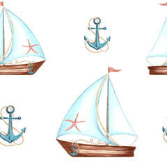 Sailboats with starfishes and anchors with ropes. Marine seamless pattern. Hand drawn watercolor illustration. Yacht with sail and flag, ship. Nautical design. Template for wallpaper, textile, cover.