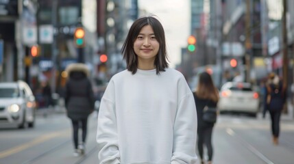 Smiling Asian woman wearing white sweater standing on urban street for modern city lifestyle and fashion imagery
