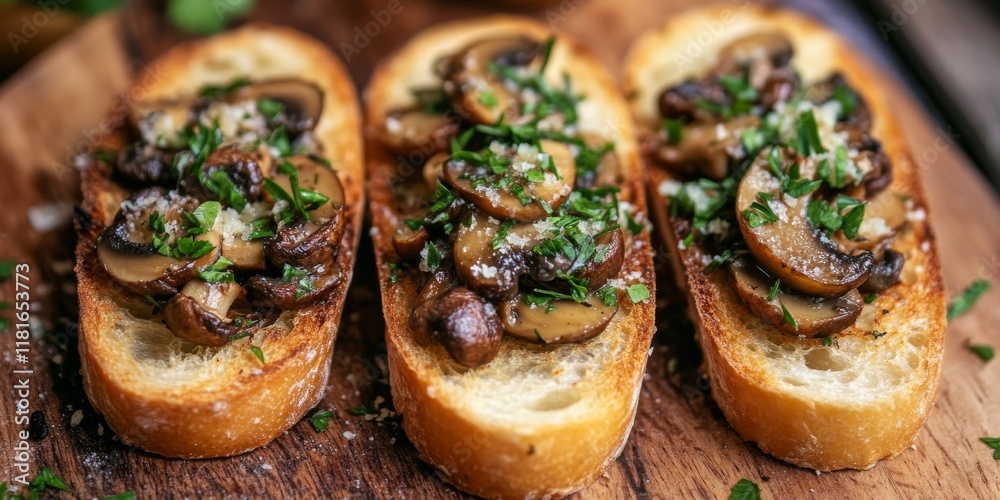 Poster Crispy fried baguette slices topped with savory mushrooms, aromatic garlic, and flavorful herbs create a delectable dish. Enjoy the delightful combination of fried baguette slices and rich toppings.