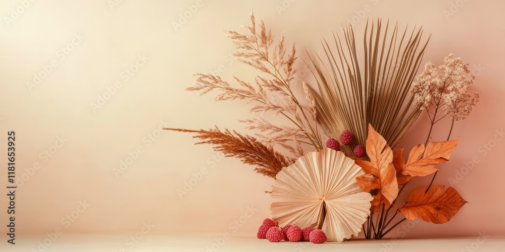 Poster an elegant arrangement features decorative palm and raspberry branches alongside dried leaves, all s