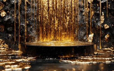 Abstract Golden Liquid Waterfall with Black Pedestal Stage, 3D Rendered Minimalist Background