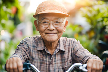 Fototapeta premium mid-adult asian man riding bicycle outdoors at sunset, smiling and happy, fitness, sport and exercise, healthy life and lifestyle concept.