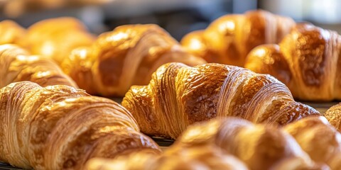 A detailed closeup of freshly baked croissants displayed for sale, featuring a beautifully blurred background that highlights the golden croissants texture and appeal. Perfect for showcasing