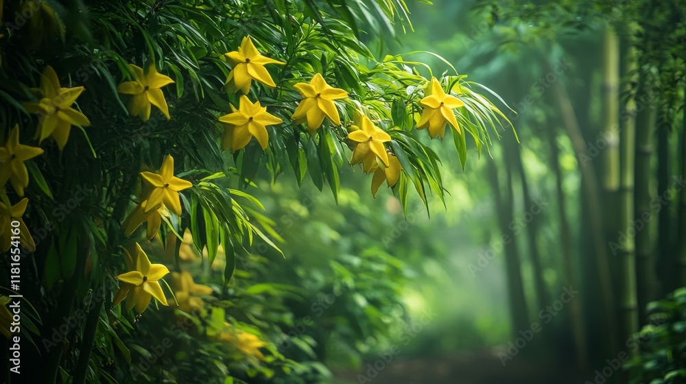 Leinwandbilder star fruit trees flourish in a lush environment, complemented by a backdrop of shady bamboo trees. t