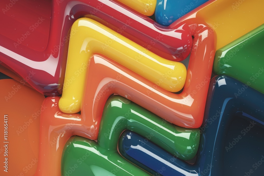 Poster abstract image of glossy, vibrant, rainbow-colored tubes interwoven in a zig-zag pattern.