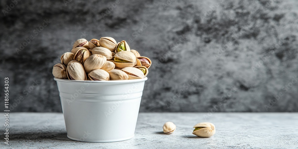 Poster pistachios displayed in a white bucket against a concrete backdrop highlight the essence of healthy 