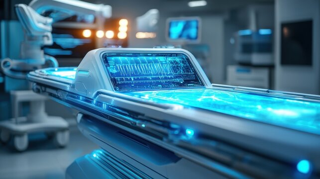 Advanced medical scanning event closeup of a futuristic holographic scanner in a high-tech medical facility