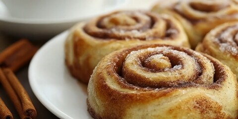Fototapeta premium Delicious cinnamon buns crafted with rich butter and sweet sugar, these scrumptious cinnamon buns are perfect for breakfast or dessert, showcasing the irresistible allure of homemade cinnamon buns.