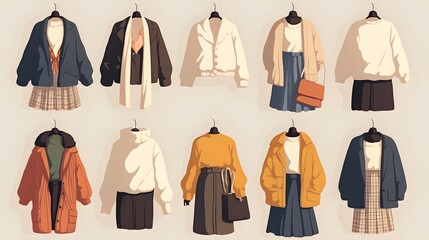 Women's fall wardrobe featuring stylish sweaters on a light grey surface.