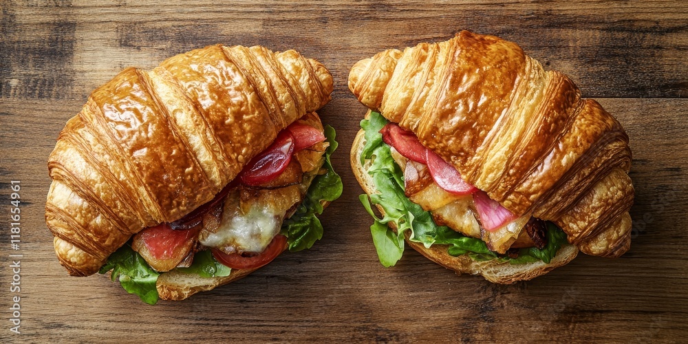 Poster two delicious croissant sandwiches displayed from a top view on a wooden table, showcasing the flaky