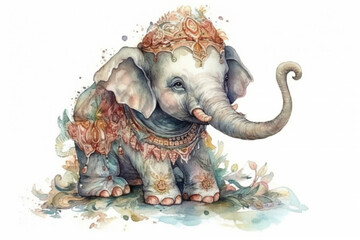 Fototapeta premium Watercolor drawing of a baby elephant. watercolor cartoon style., watercolor style 