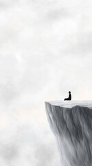 A solitary figure meditates on a cliff, surrounded by mist and clouds.