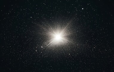 A beam of white light shining on the black background, with rays spreading out from its center and centered in the middle is a bright star-like point