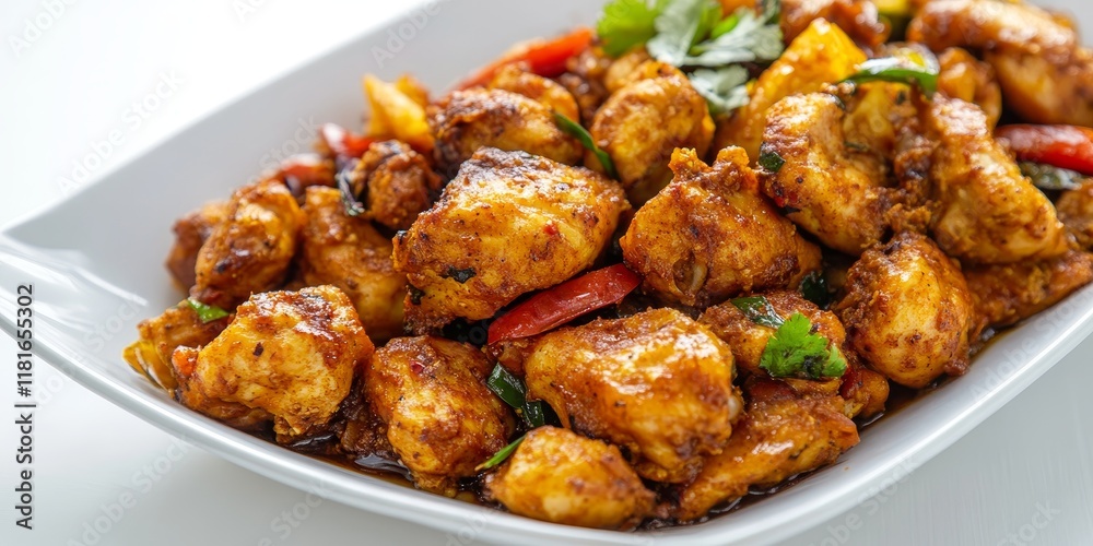 Poster stir fried chicken prepared with aromatic curry paste beautifully displayed against a white backgrou