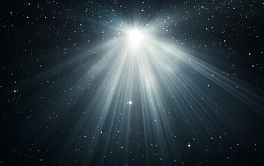A beam of white light shining on the black background, with rays spreading out from its center and centered in the middle is a bright star-like point