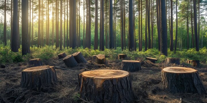 Pine forest felling showcases the contrast between growing trees and felled tree stumps, highlighting the impact of pine forest felling on the ecosystem and the importance of sustainable practices.