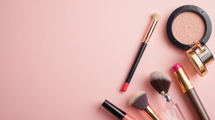 Obraz premium Makeup products and decorative cosmetics on color background flat lay. Fashion and beauty blogging concept