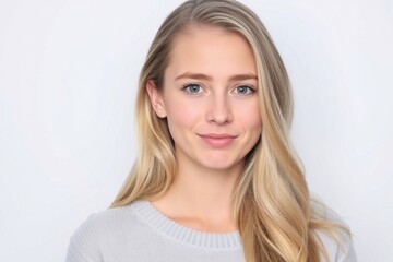 Obraz premium Pretty smiling joyfully female with fair hair, dressed casually, looking with satisfaction at camera, being happy. Studio shot of good-looking beautiful woman isolated against blank studio wall. 