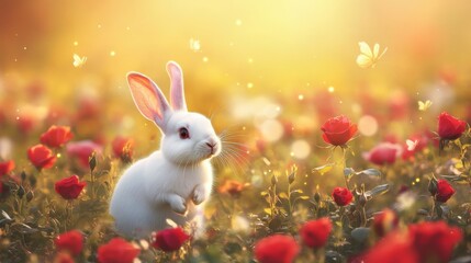 Adorable White Bunny Surrounded by Bright Roses and Butterflies