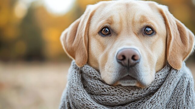 Labrador wearing a cozy scarf in autumn colors