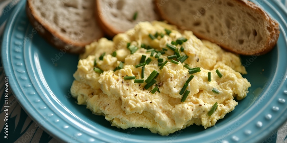 Poster scrambled eggs featuring onion and chives are elegantly served with bread on a blue plate, creating 