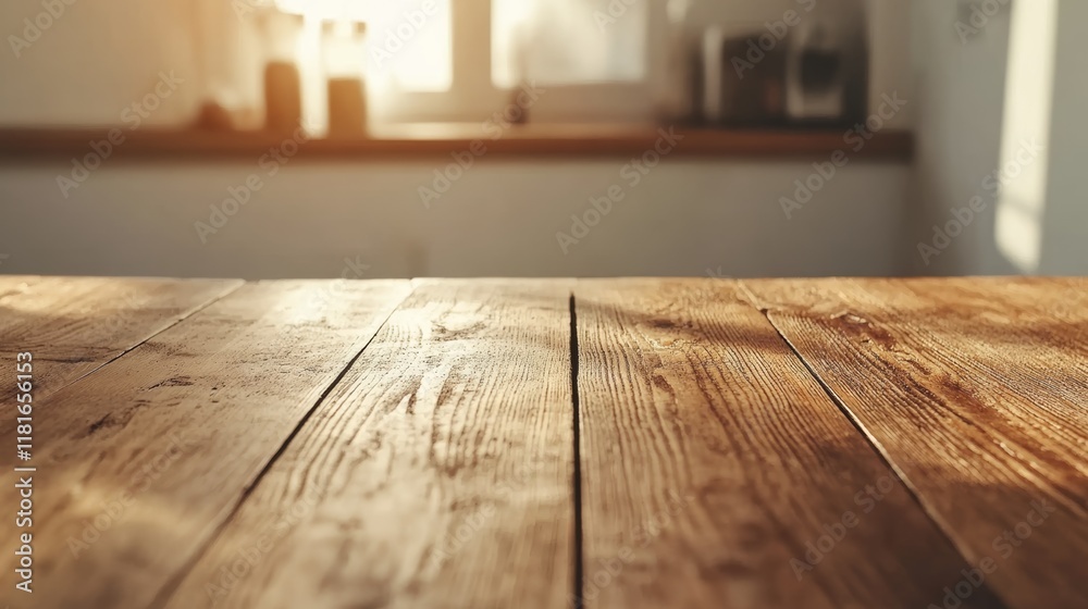 Poster warm sunlight illuminates an empty wooden table in a kitchen, creating a cozy and inviting atmospher