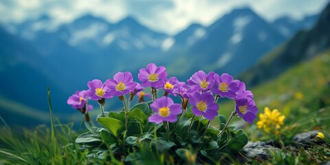 Purple wild primrose blossoms vibrantly in the mountains, showcasing the beauty of primula amoena. This stunning primrose adds color and charm to the mountainous landscape during blooming season.