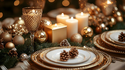 Naklejka premium Golden Holiday Table Decor Creates Festive Ambiance Elegantly