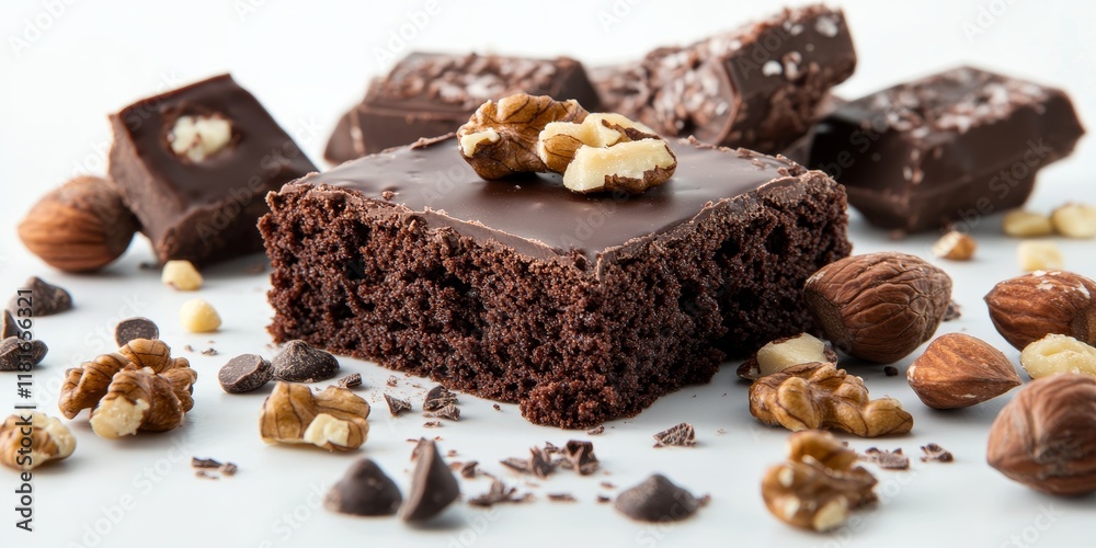 Poster delicious chocolate cake featuring nuts displayed on a white background, showcasing the rich texture