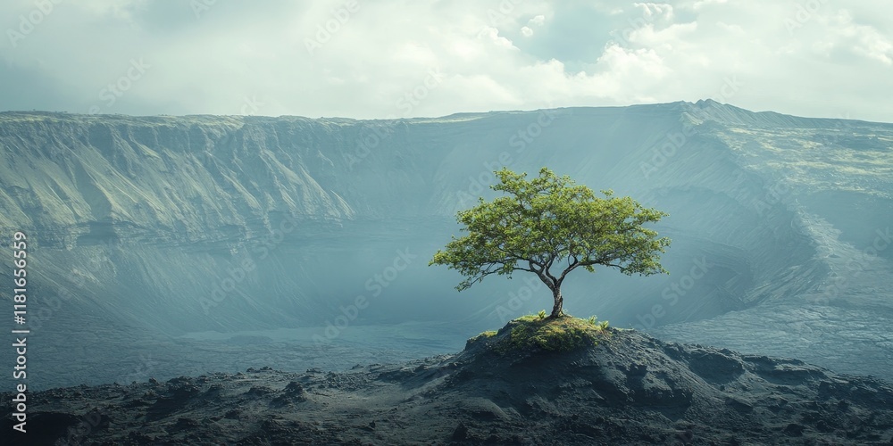 Poster a solitary tree rises majestically atop a mountaintop, framed by the expansive view of a crater in t