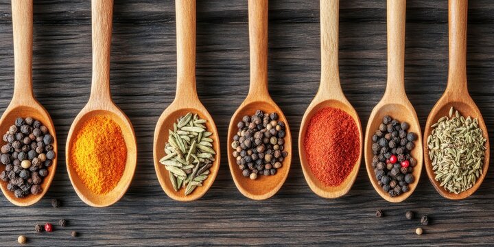 An assortment of various spices displayed on wooden spoons, showcasing the rich diversity of food ingredients that enhance culinary creations with unique flavors and aromas from various spices.