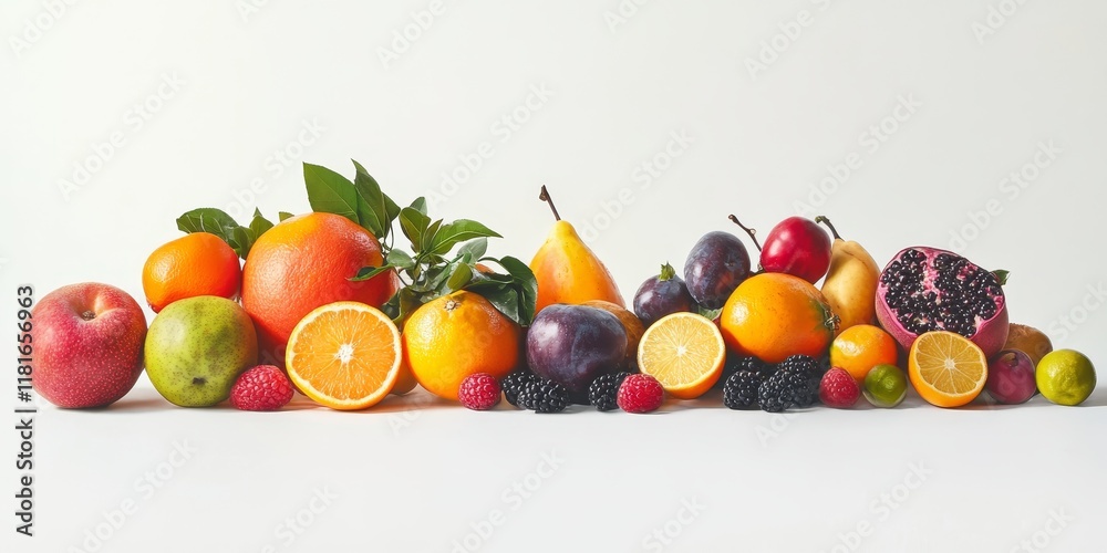 Poster a vibrant set of fruit displayed in isolation against a pristine white background, showcasing the be