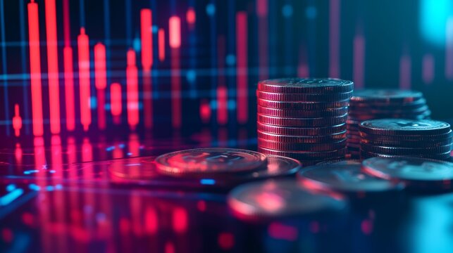 Stacks of cryptocurrency coins symbolize growing profits with a stock market chart displayed on a digital screen in the background, representing the dynamic nature of digital asset investments