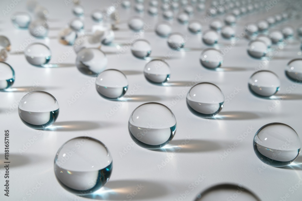 Poster Numerous clear glass spheres arranged in rows on a white surface, creating a visually appealing pattern.