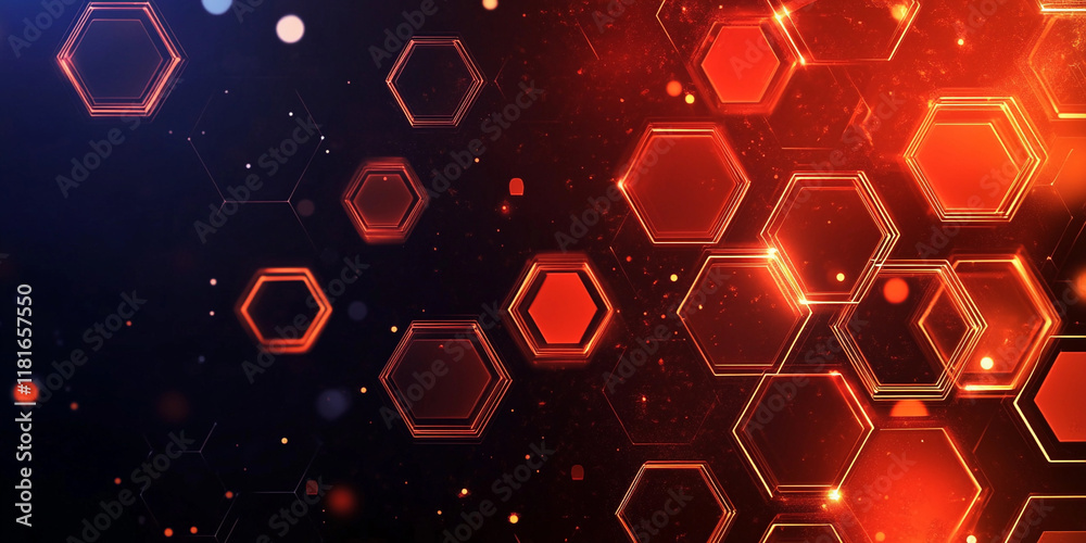 Poster colorful hexagonal shapes with glowing effects on dark background