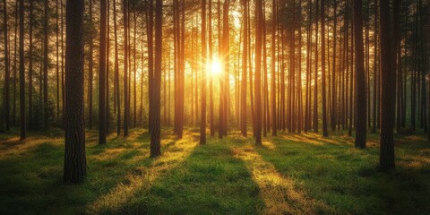 Sunset in a beautiful green forest showcases the stunning golden rays filtering through the tall tree trunks, illuminating the lush green grass below in a captivating summer scene.