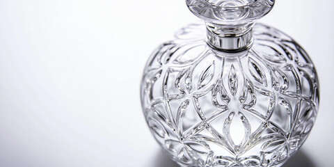 Elegant crystal perfume bottle on a reflective surface