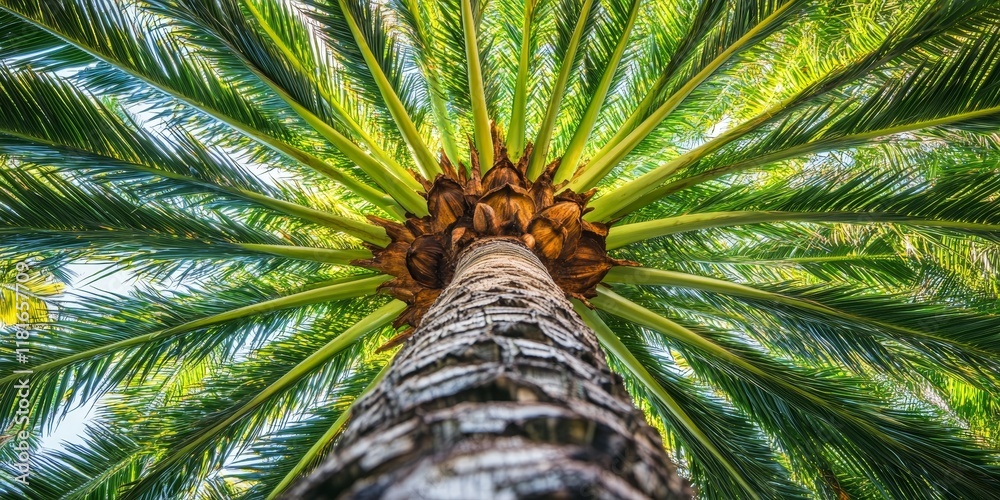 Poster Close up view of a tropical palm tree showcasing its vibrant foliage and unique texture, emphasizing the beauty and intricate details of the tropical palm tree in a captivating perspective.