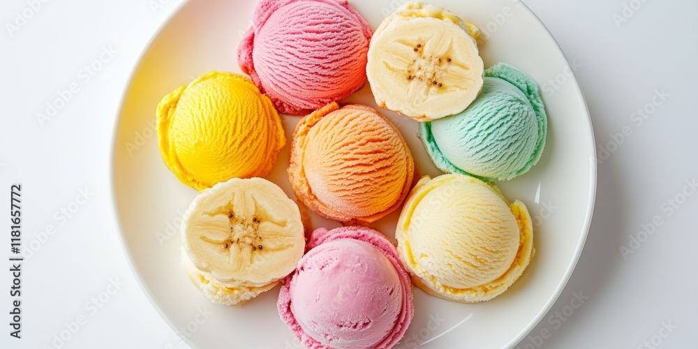 Poster delight in this top view of a plate showcasing colorful ice cream scoops and banana slices, beautifu