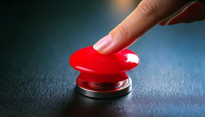 Close-up of a finger pressing a large, shiny red button.  Dramatic lighting and a dark background create a sense of urgency and importance.