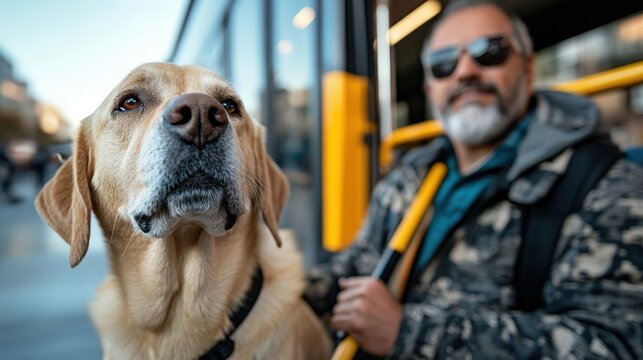 A beautiful Labrador service dog stands proudly next to its owner at a bus stop, highlighting the essential role of service animals in assisting those with visual impairments and challenges.