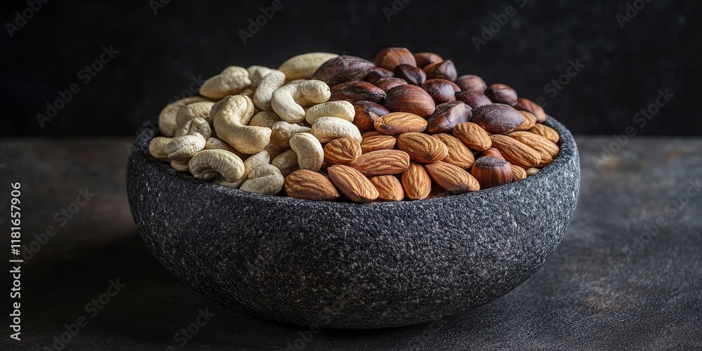 Aufkleber Diverse selection of healthy nuts arranged in a dark stone bowl displayed in an isolated setting for a unique visual appeal of healthy nuts. Discover the beauty of healthy nuts in this composition.
