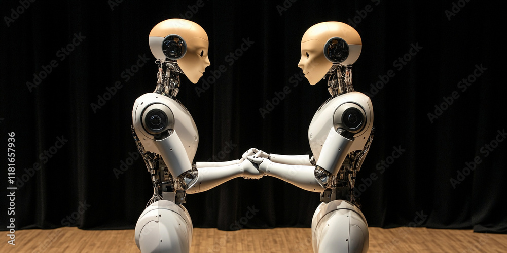 Poster Robots engaged in a handshake against a dark backdrop