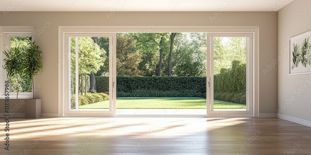 Poster spacious empty living room featuring large sliding doors that lead to a backyard, creating an inviti