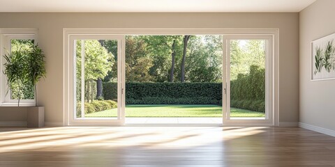 Obraz premium Spacious empty living room featuring large sliding doors that lead to a backyard, creating an inviting atmosphere in the living room while enhancing the potential for natural light.